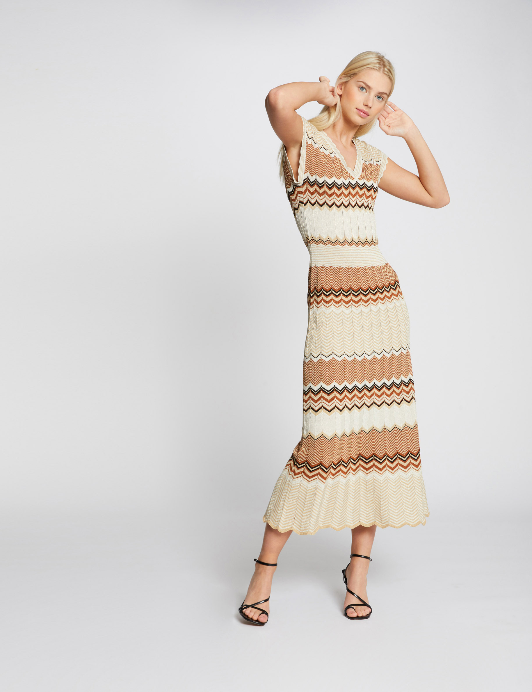 Robe pull longue droite &agrave; rayures marron cognac femme