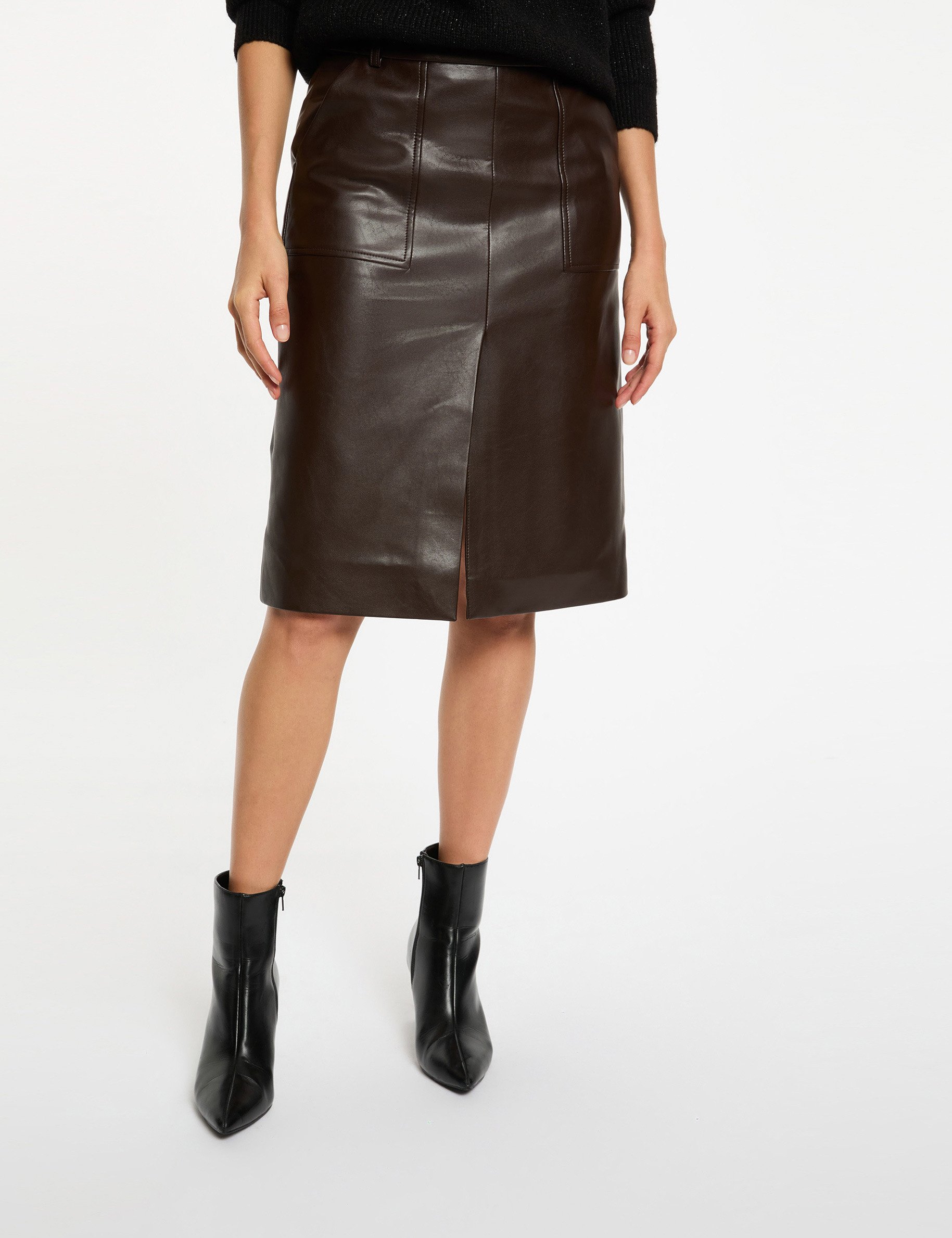 Jupe ajustée simili cuir marron foncé femme