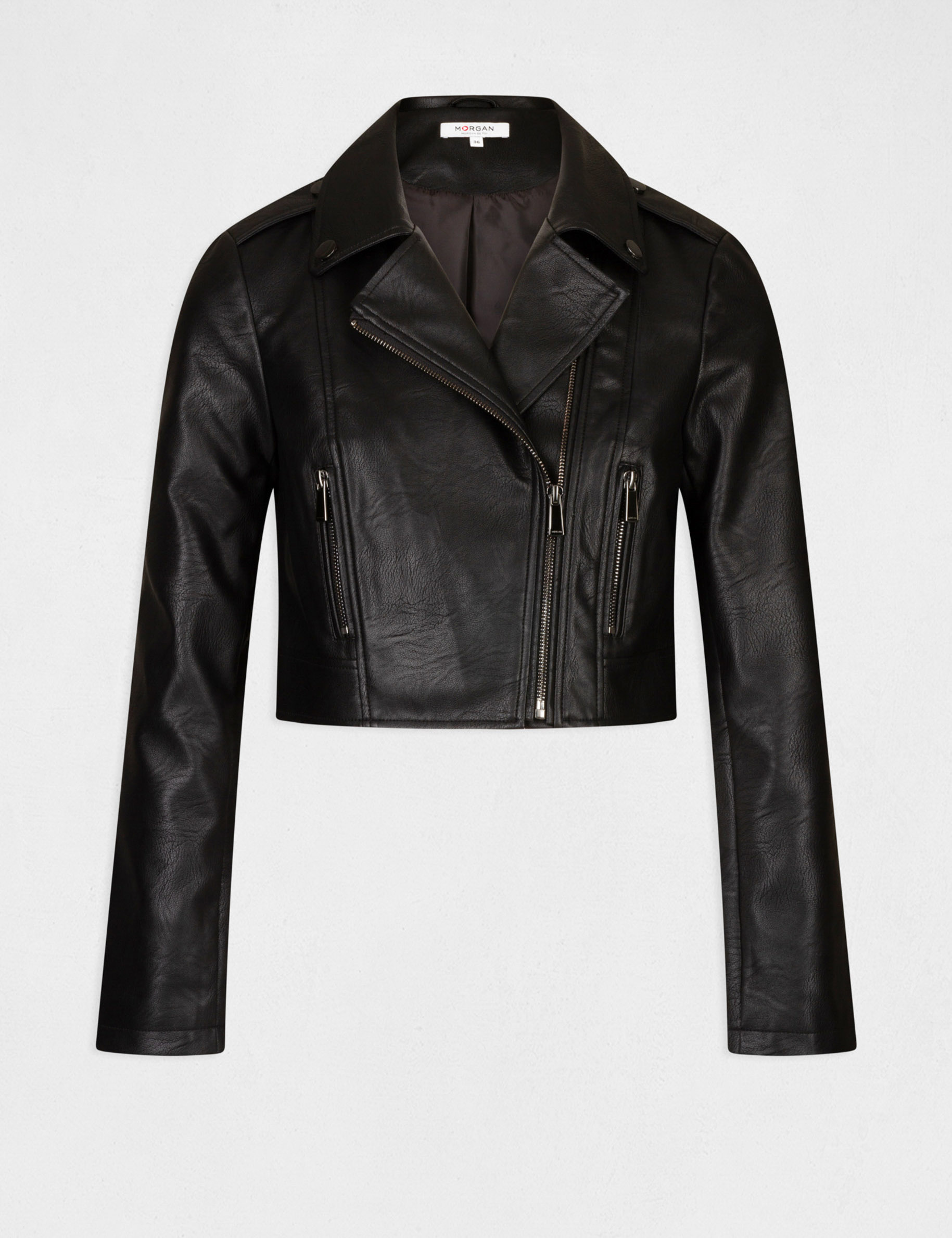 Blouson droit zippe simili cuir noir femme