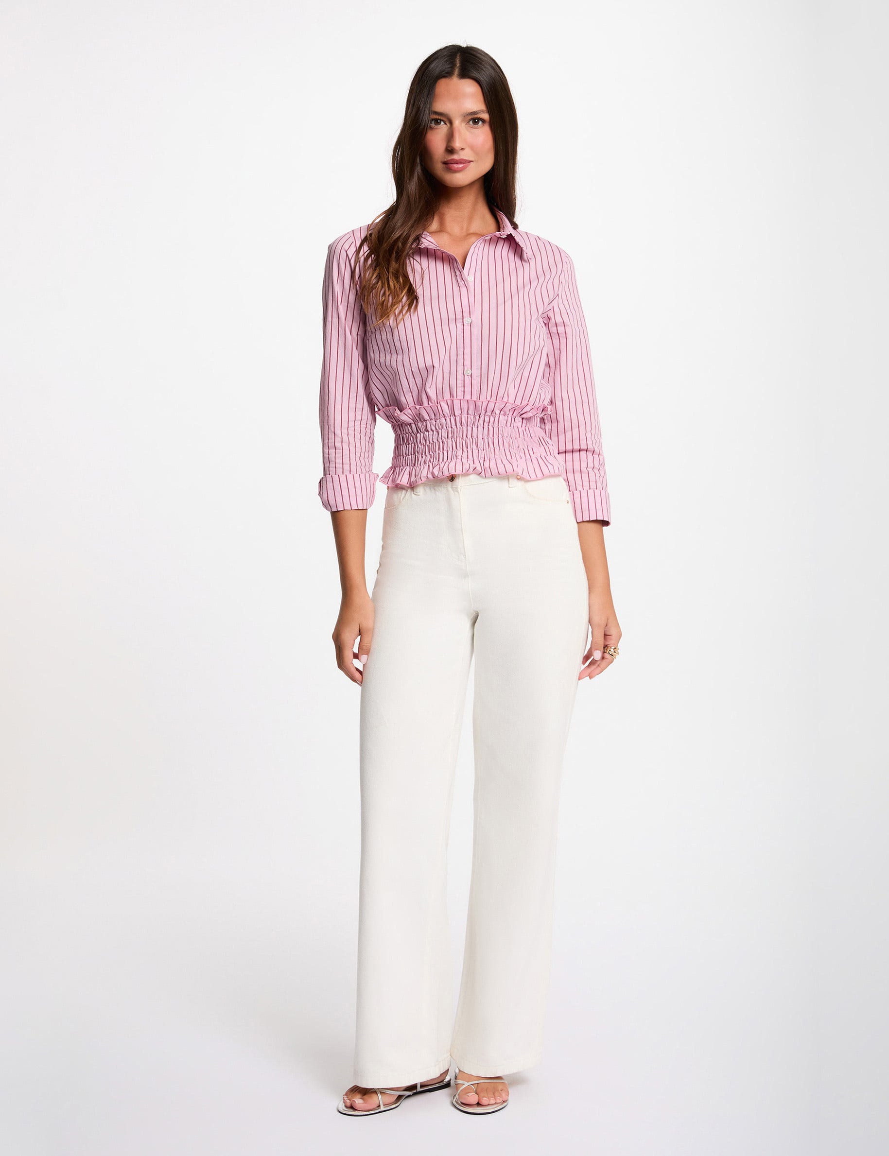 Chemise ray&eacute;e col &agrave; revers rose femme