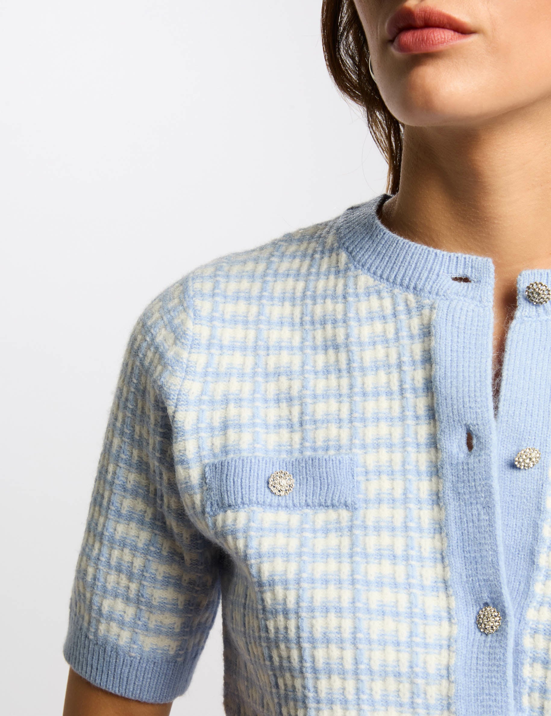 Gilet manches courtes imprim&eacute; bleu ciel femme