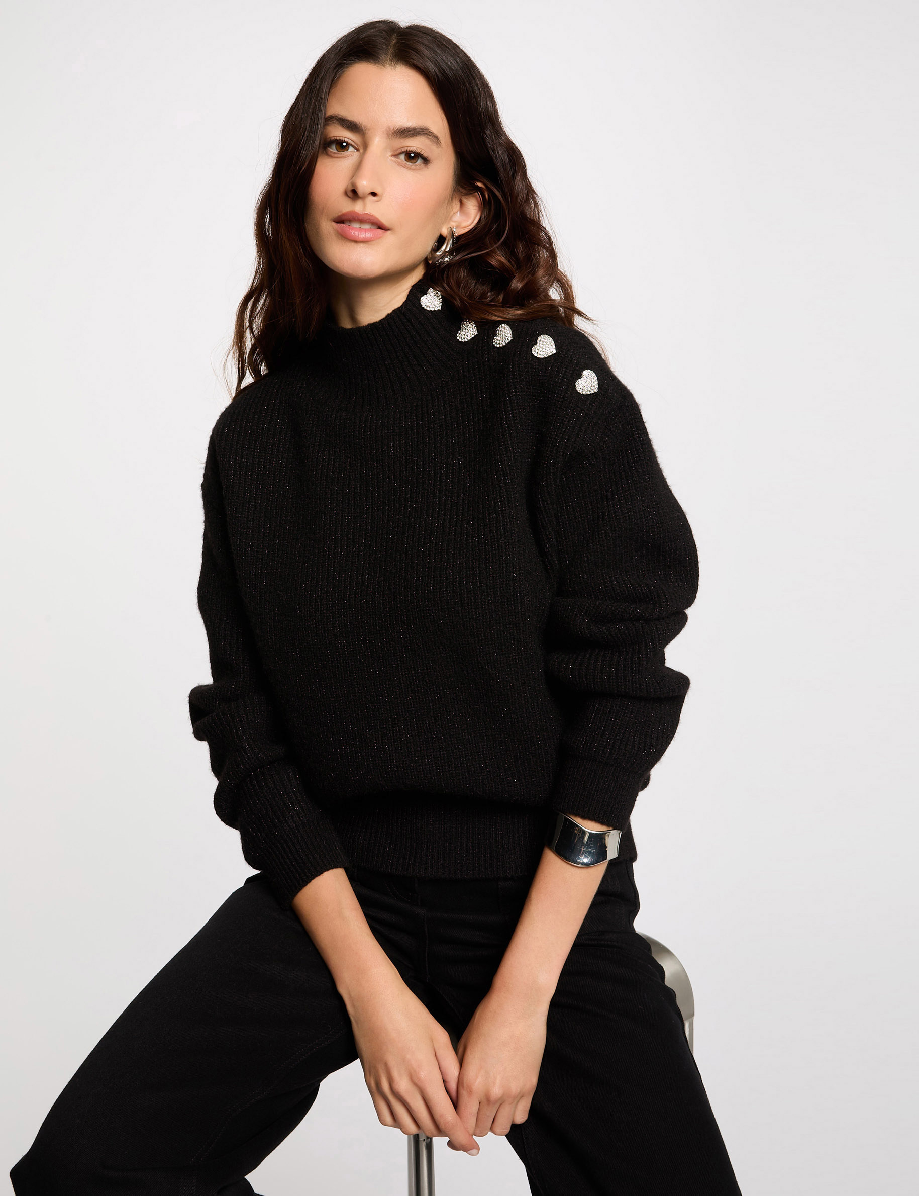 Pull manches longues avec boutons noir femme