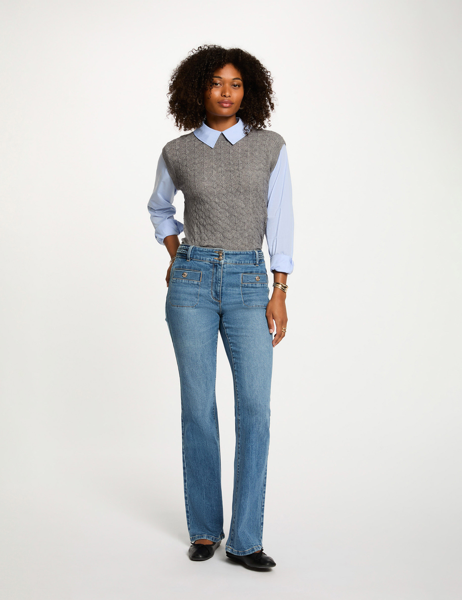 Pull col revers chemise gris clair femme