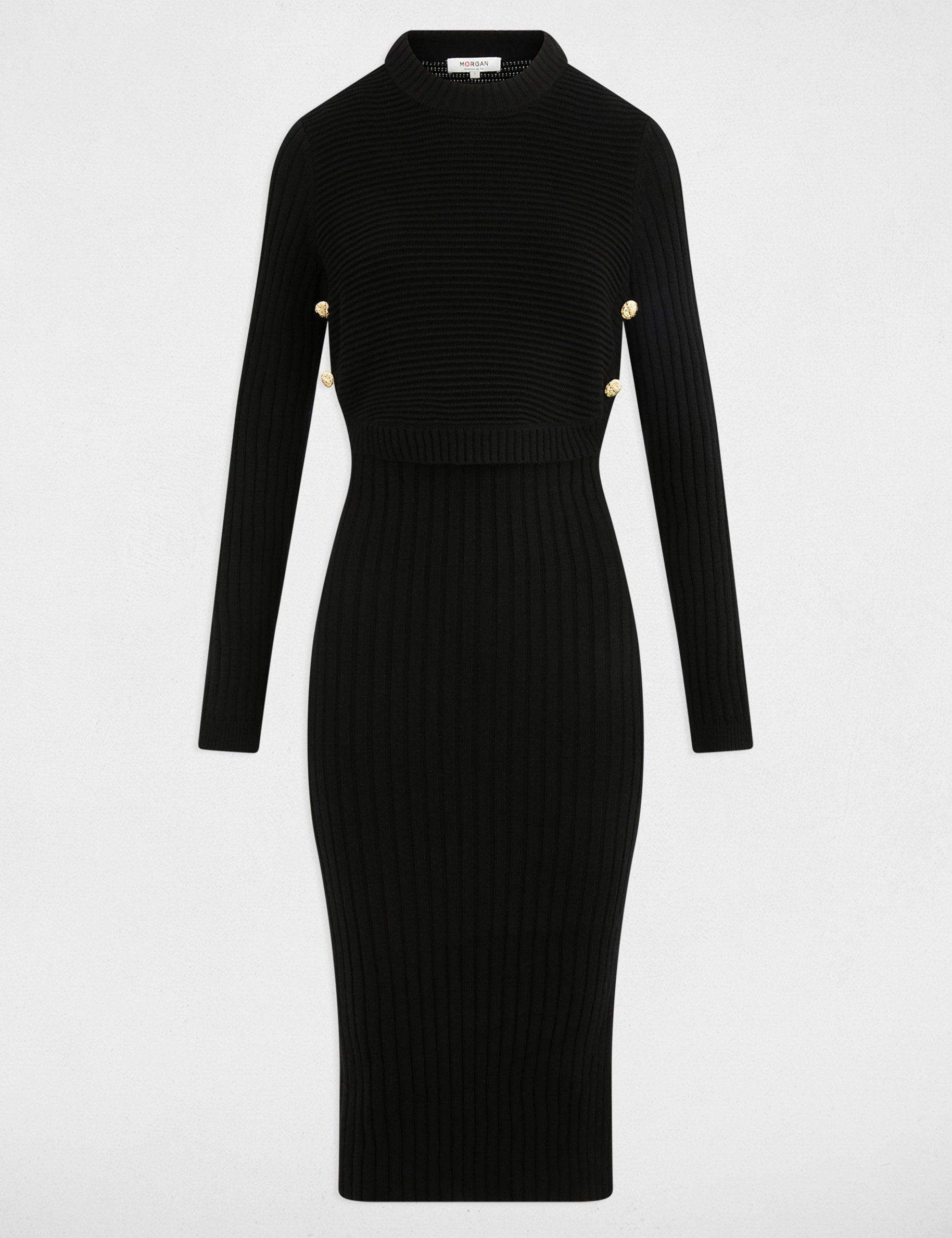 Robe tricot cintr&eacute;e manches longues noir femme