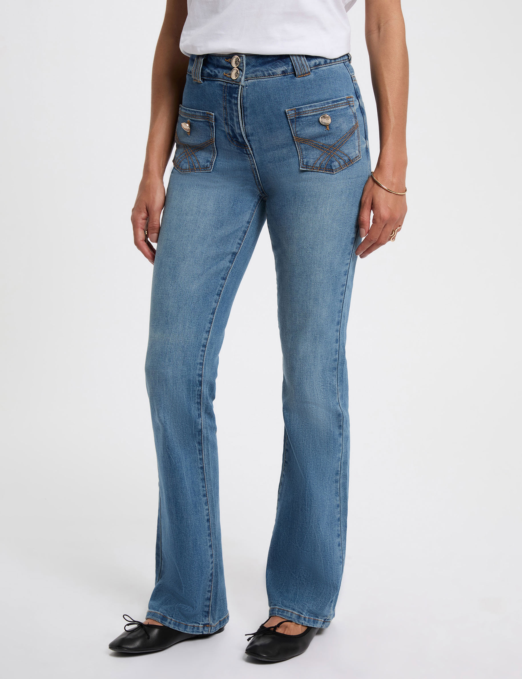 Bootcut broek met borduursels stone washed denim vrouw
