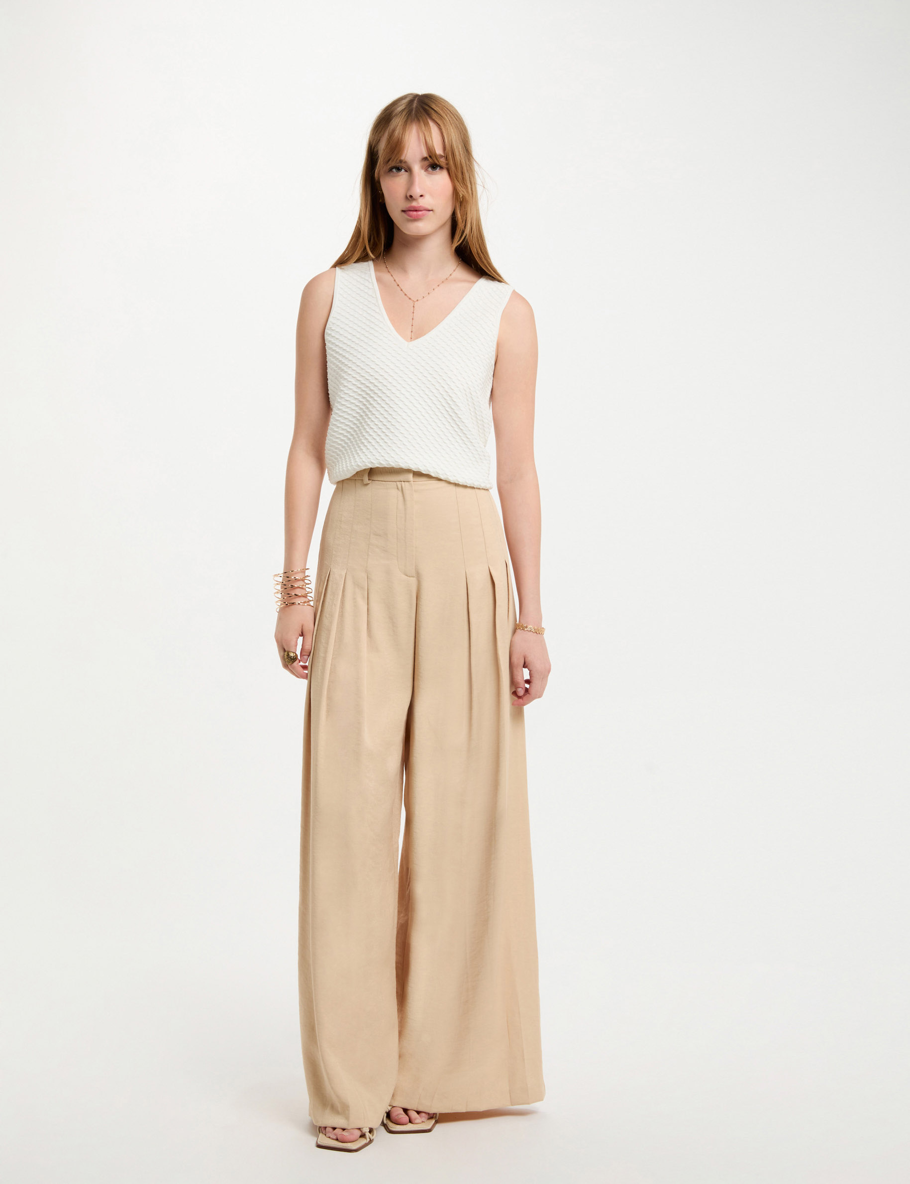 pantalon large a pinces creme femme Pantalon large à pinces creme femme