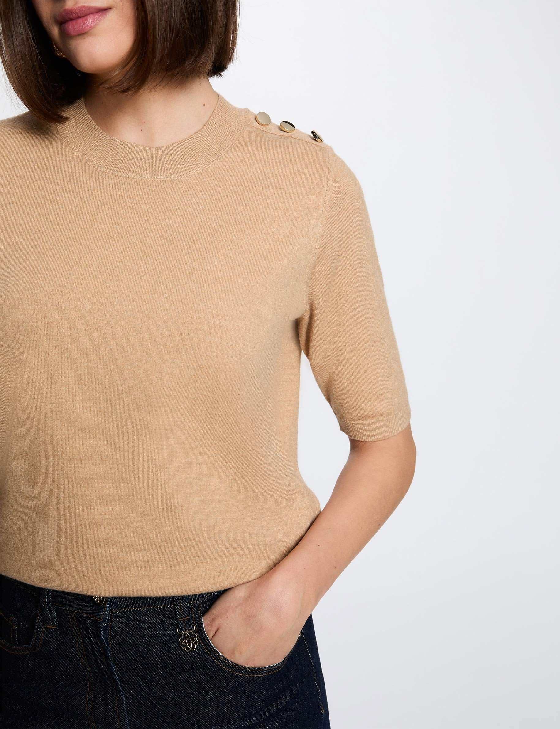 Trui ronde hals korte mouwen beige vrouw