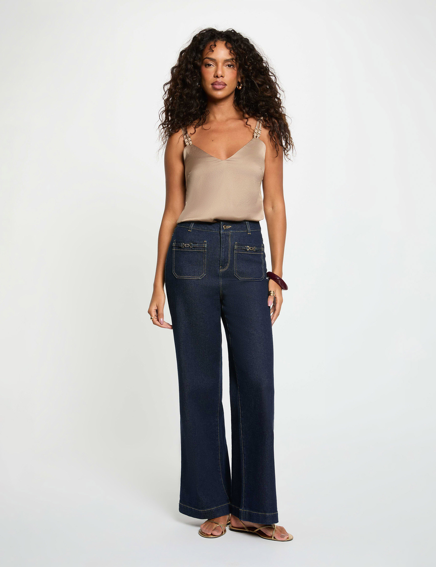 Top satin &agrave; bretelles taupe femme