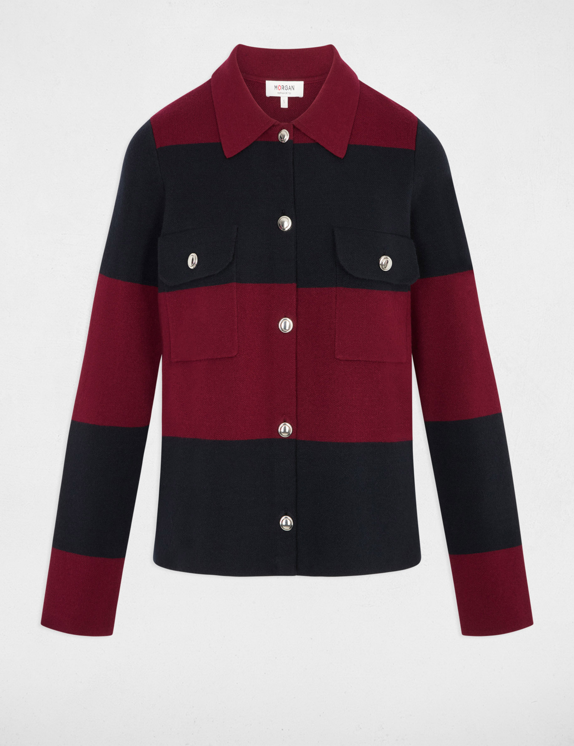 Pull col revers ray&eacute; bordeaux femme