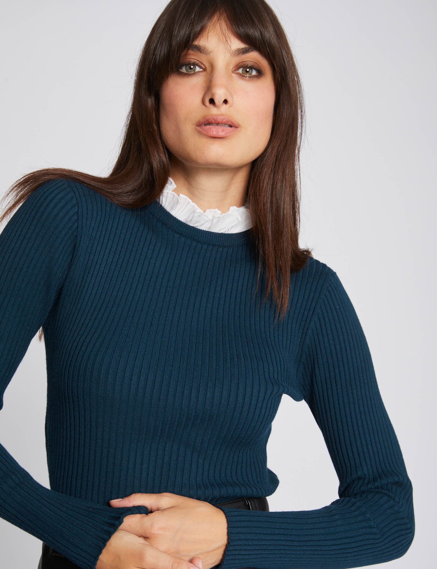 Pull manches longues col fronc&eacute; vert fonc&eacute; femme