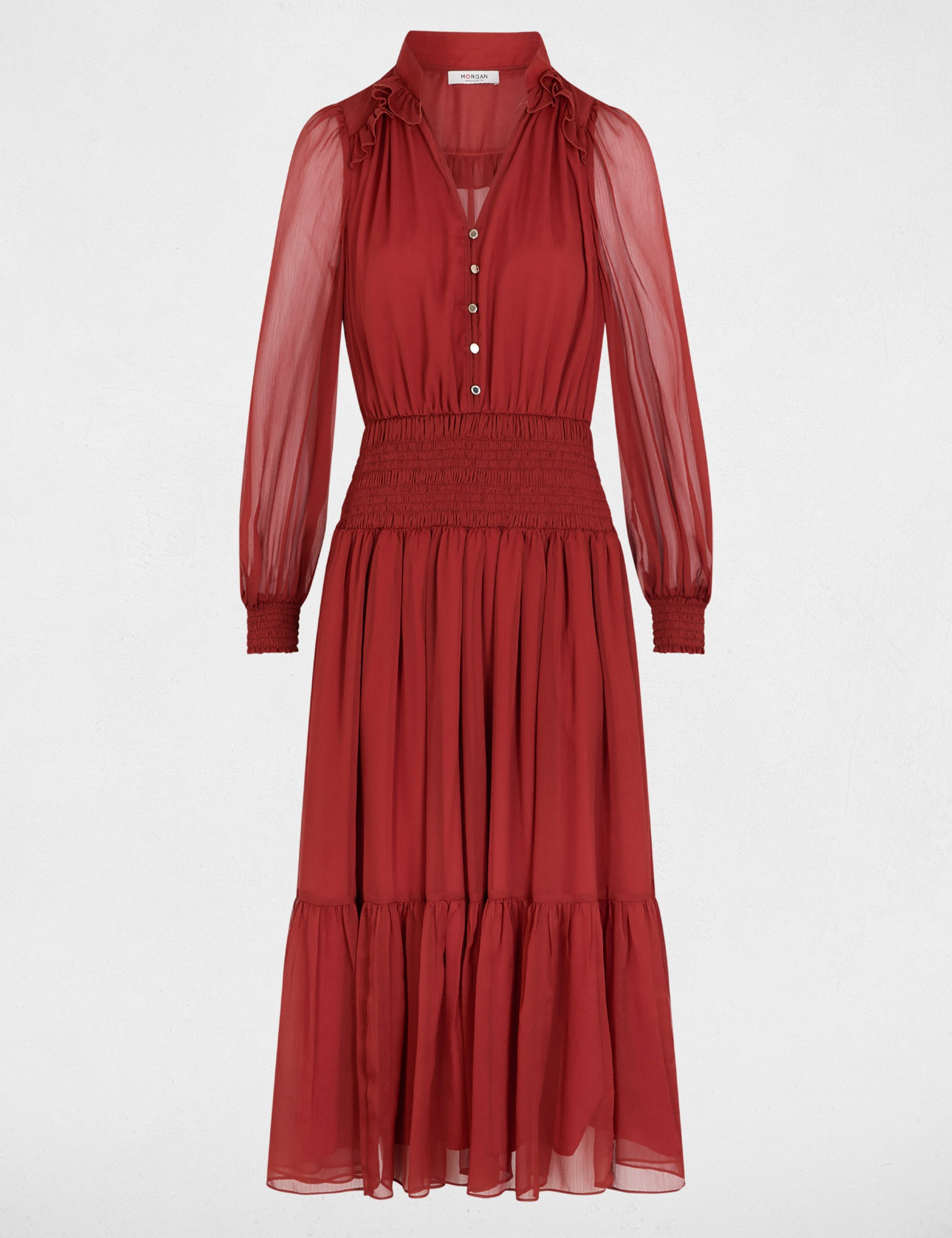 Robe longue col v orange fonc&eacute; femme