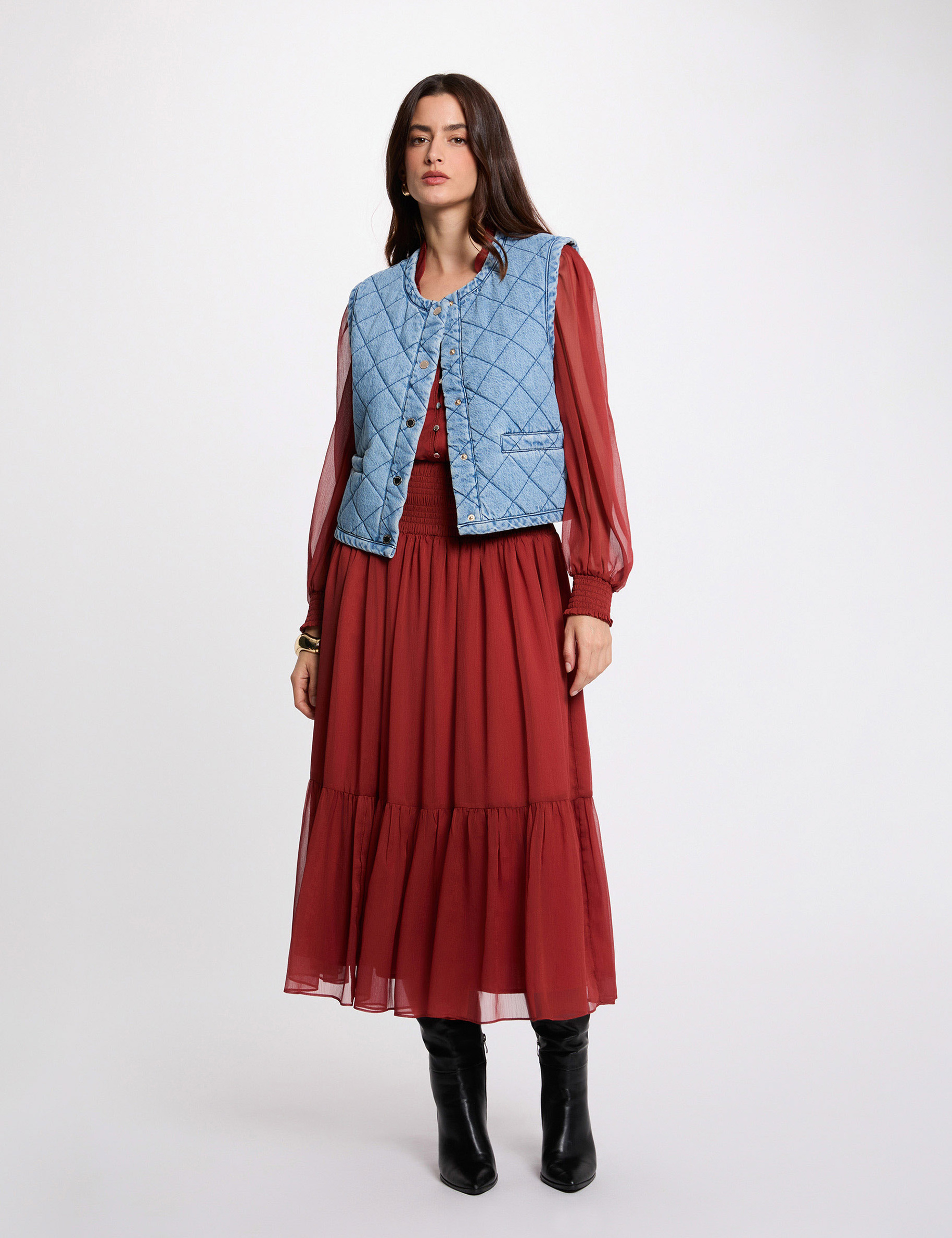 Mouwloze gewatteerde jas stone washed denim vrouw