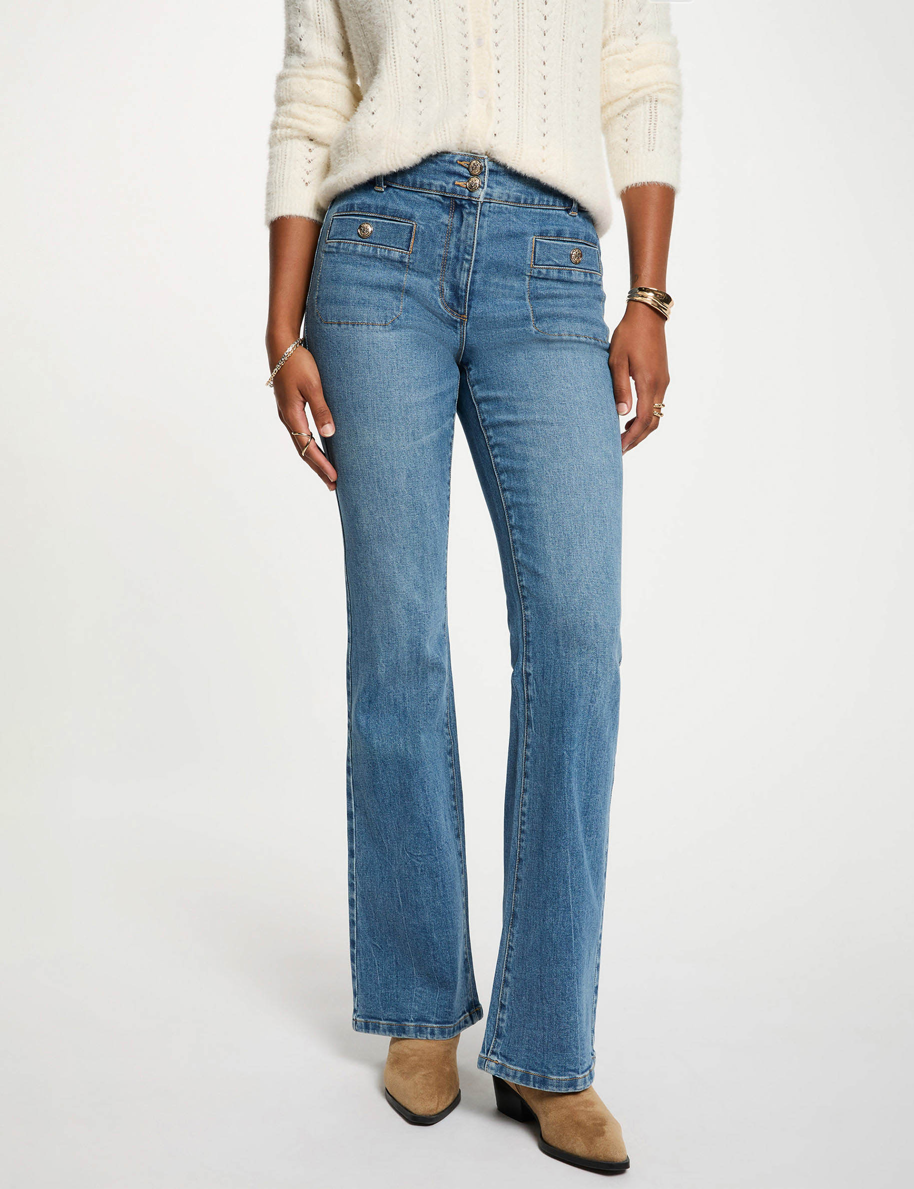 bootcut jeans met vlechtwerk stone washed denim vrouw Bootcut jeans met vlechtwerk stone washed denim vrouw