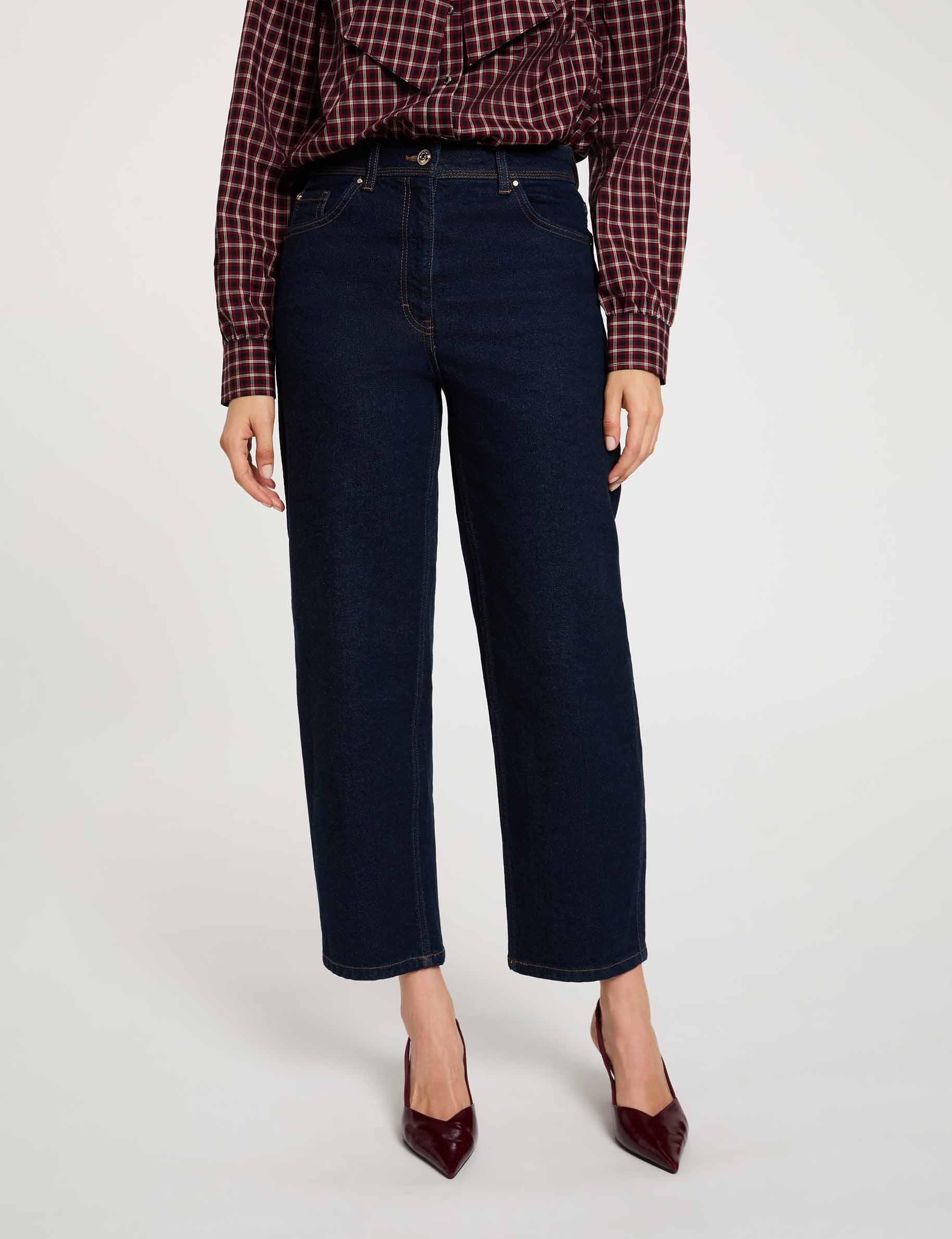 Hoge taille rechte jeans ruw denim vrouw