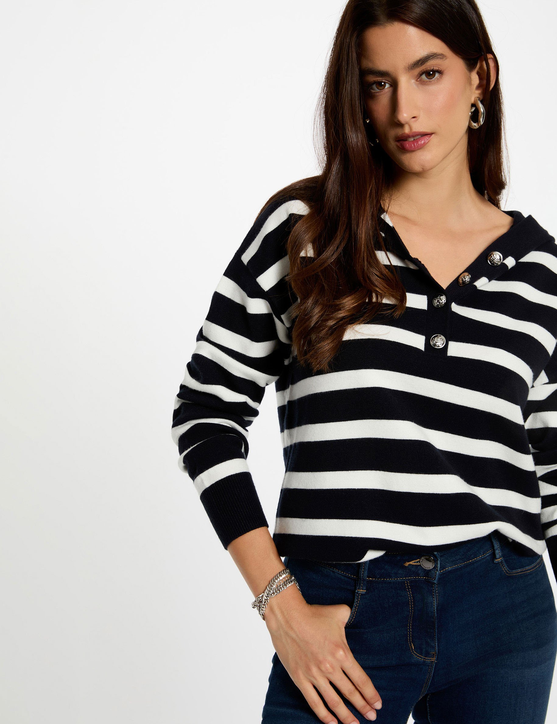 gestreepte trui met capuchon marineblauw vrouw Gestreepte trui met capuchon marineblauw vrouw