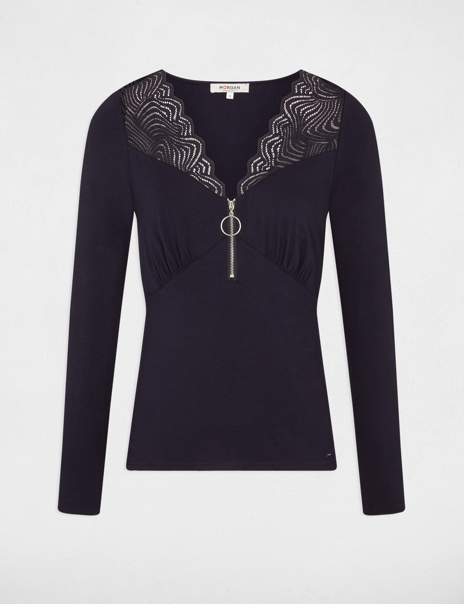 Tee-shirt col v à dentelle 232-dlami Marine Morgan - Femme 94917