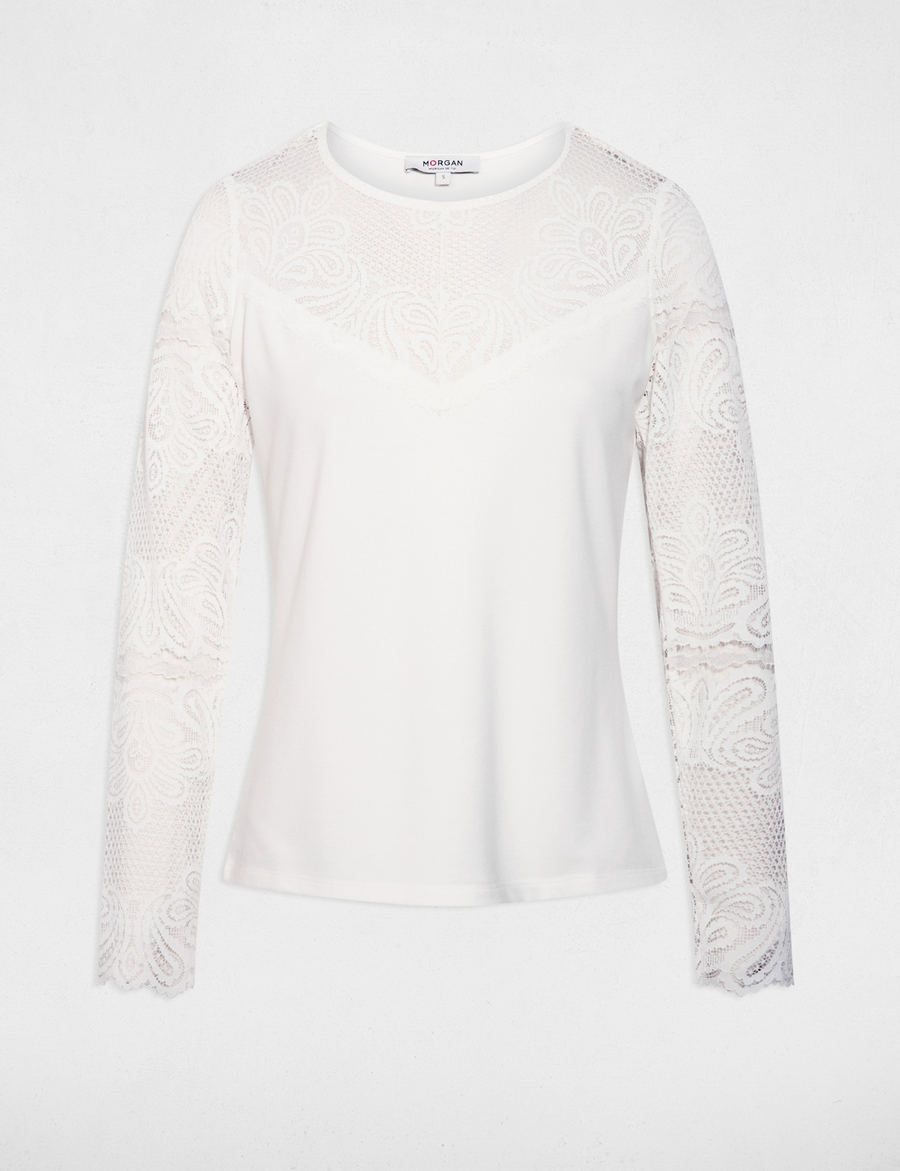 T-shirt met lange mouwen en kant helder wit vrouw