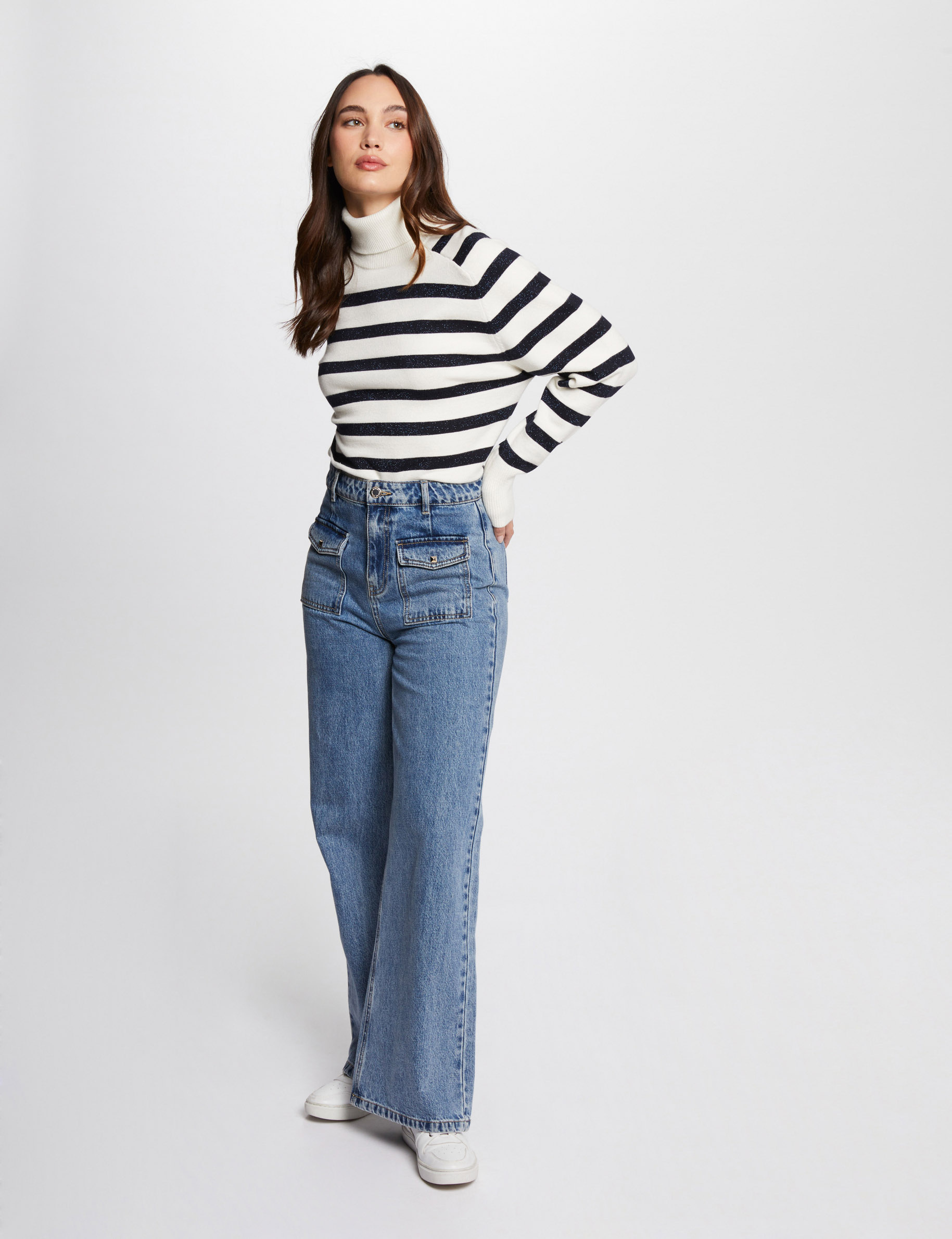 pull col roule a rayures ivoire femme Pull col roulé à rayures ivoire femme