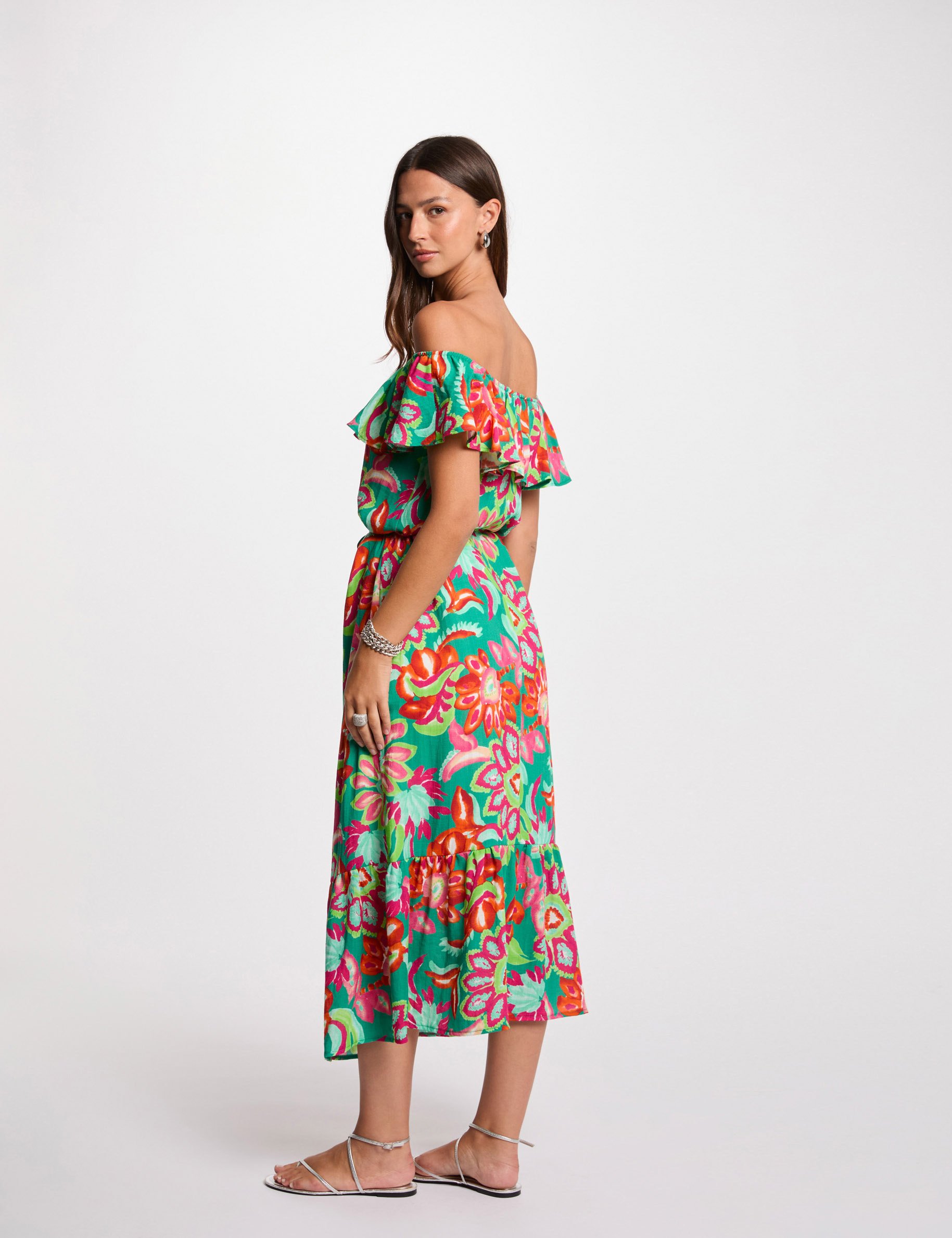 Robe midi évasée imprimée multicolore femme