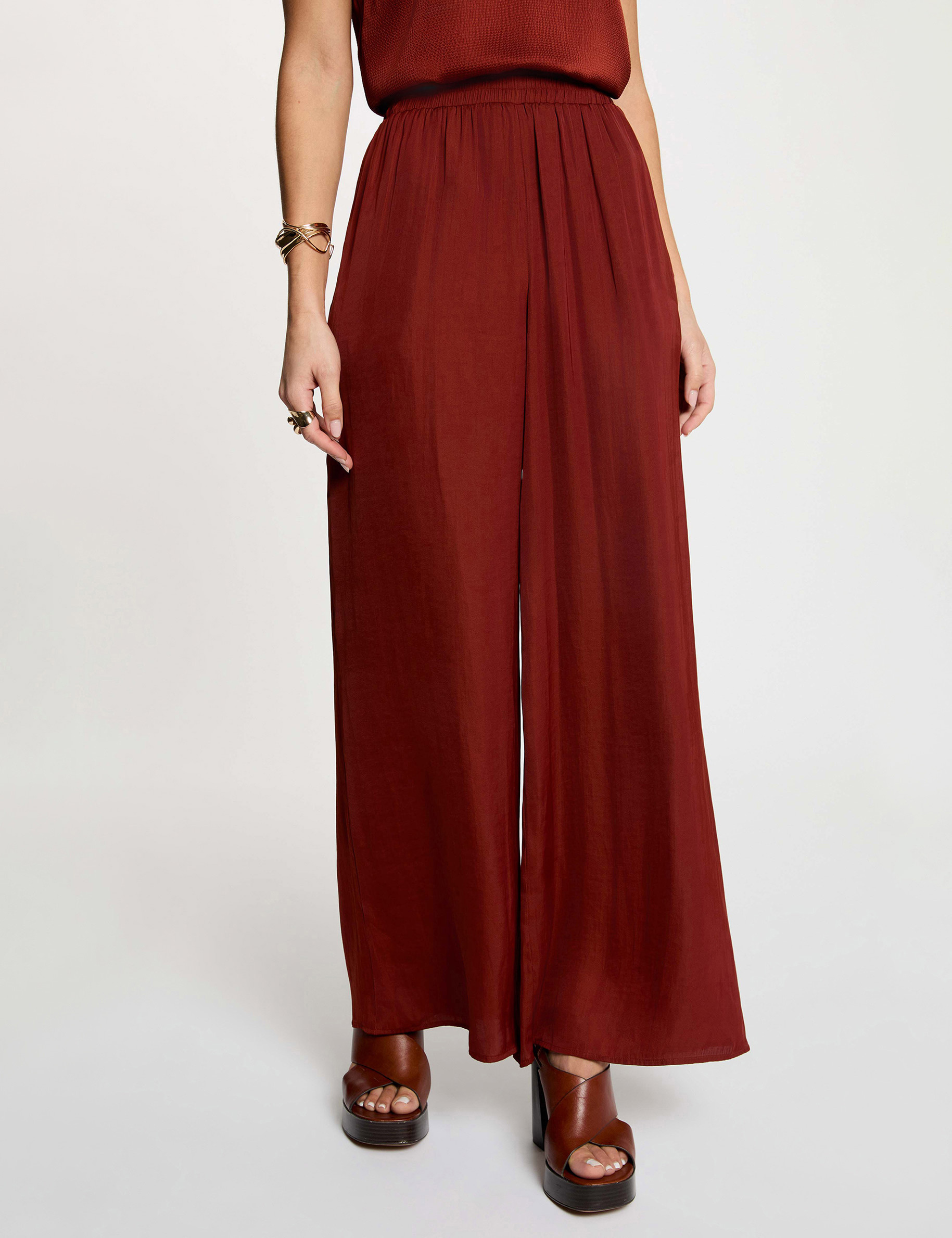 Pantalon large fluide marron cognac femme