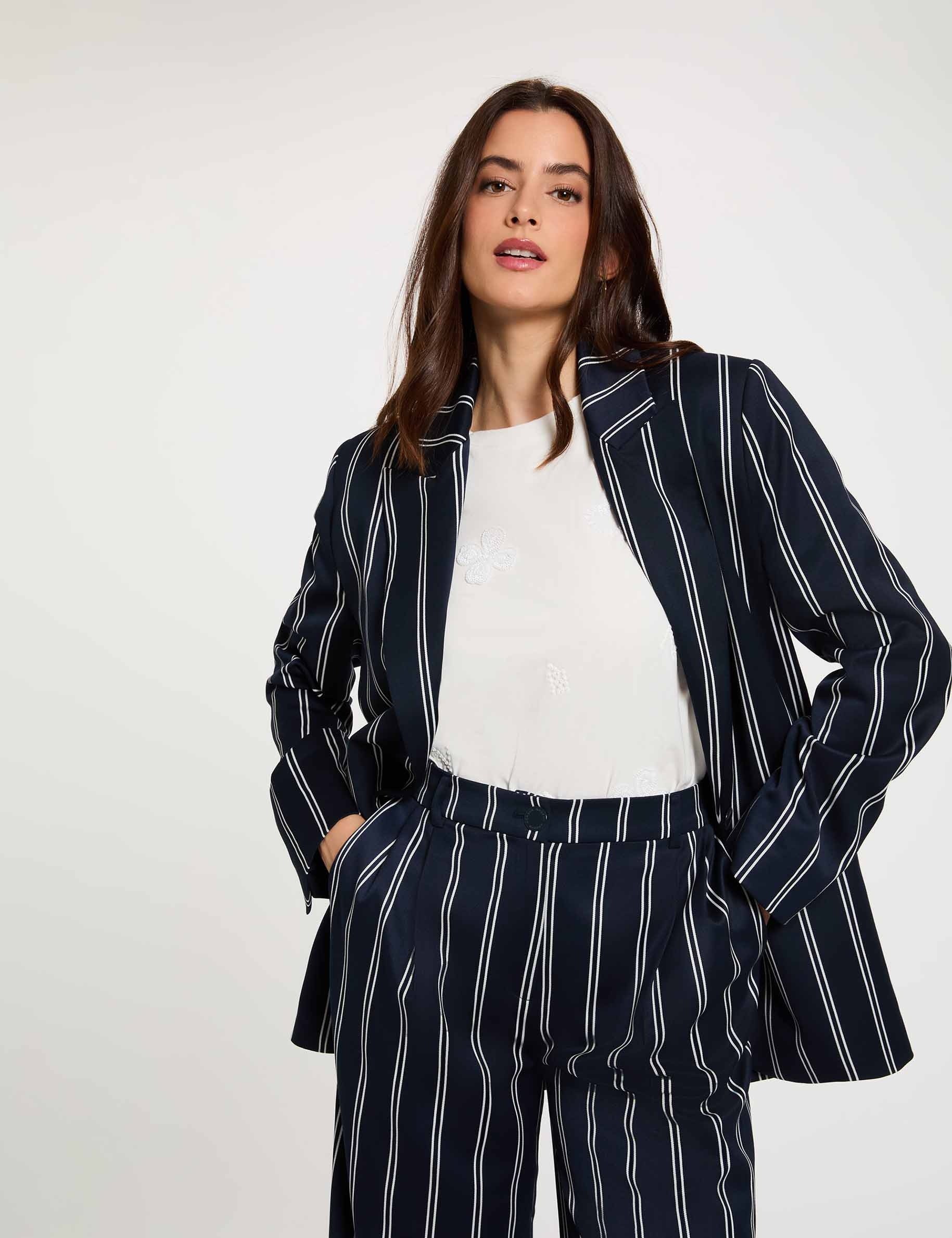 Gestreepte blazer met reverskraag marineblauw vrouw