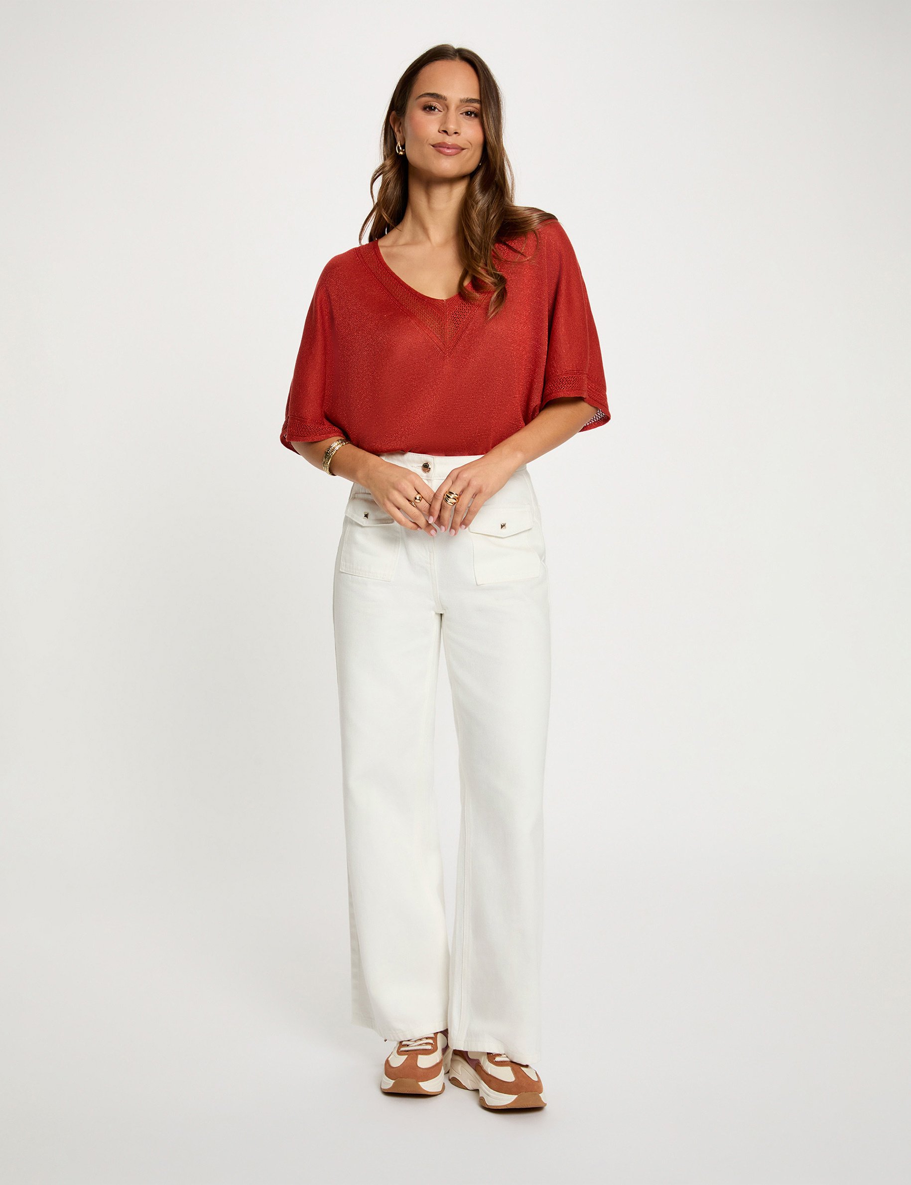 Pull col en V manches courtes orange fonc&eacute; femme